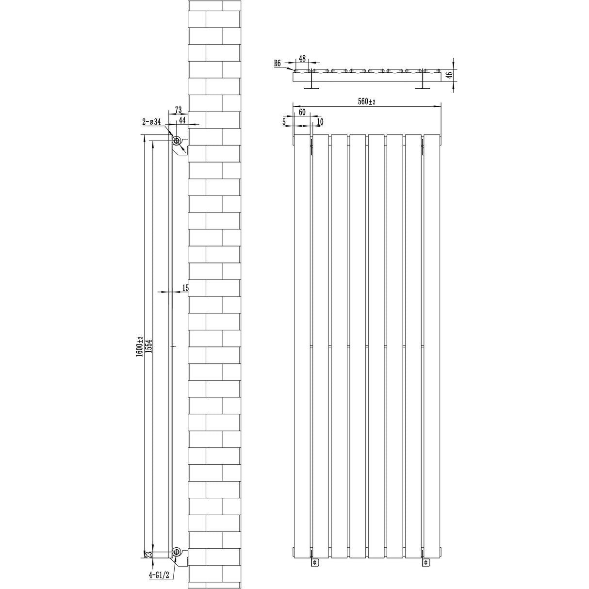 Flachheizkörper in Weiß mit den Maßen 1600mm x 560mm, vertikale Lamellenstruktur, ideal für moderne Innenräume und effiziente Wärmeverteilung