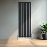 Schmaler, vertikaler Flachheizkörper in elegantem Schwarz, 1600mm x 560mm, mit glänzenden Füßen, vor einer hellen Wand und einer Pflanze im Topf