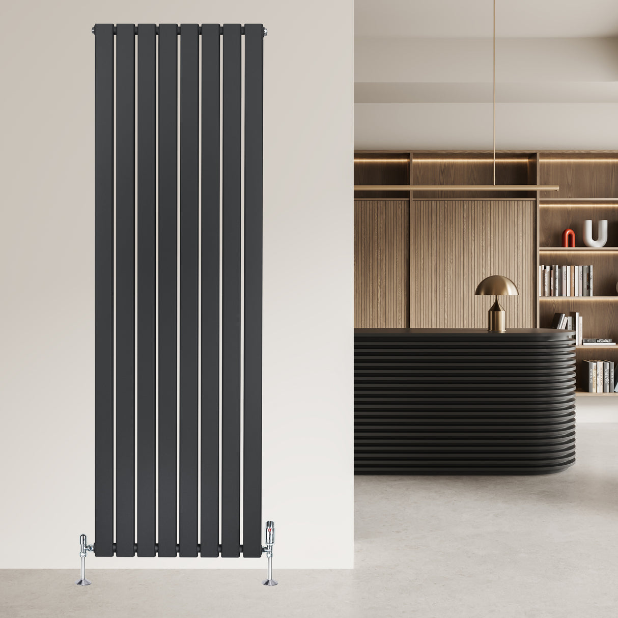 Flachheizkörper in Anthrazitgrau, 1800mm x 560mm, vertikale Lamellen, modernes Design, ideal für stilvolle Wohnräume und effiziente Wärmeverteilung