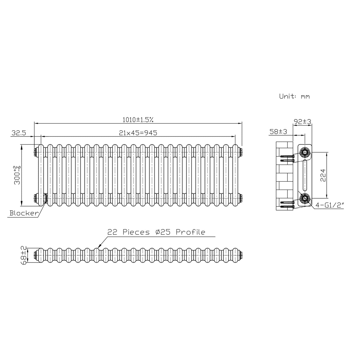 Klassischer 2-Säulen-Heizkörper – 300 x 1010 mm