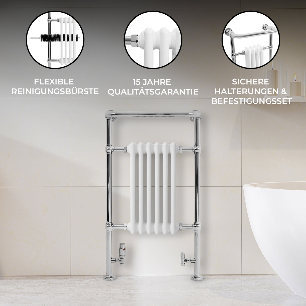 Klassicher Beheizter Handtuchheizkörper – 950 mm x 570 mm – Weiß