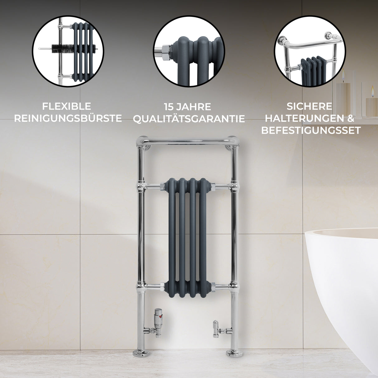 Klassicher Beheizter Handtuchheizkörper – 950 mm x 480 mm – Anthrazitgrau