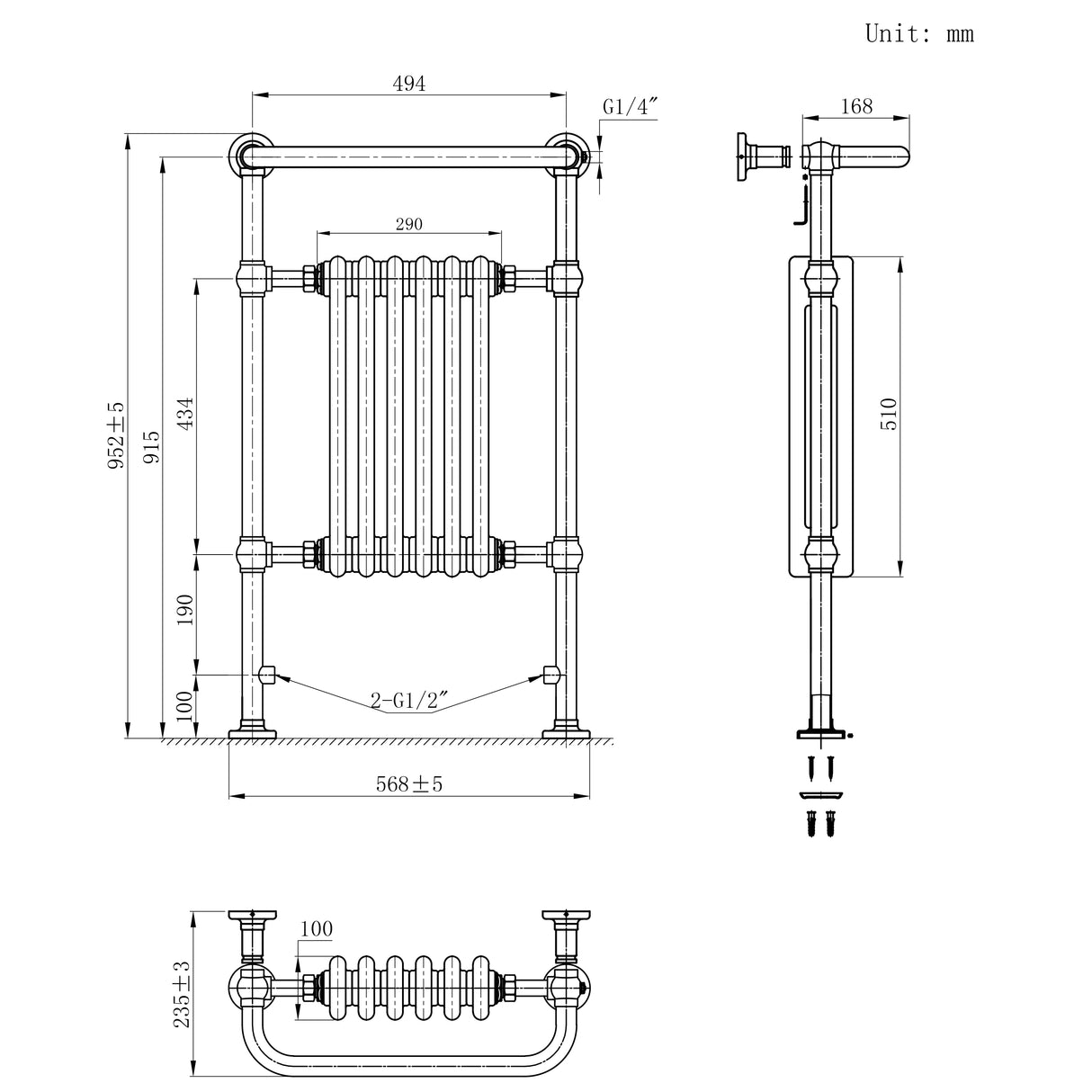 Klassicher Beheizter Handtuchheizkörper – 950 mm x 570 mm – Anthrazitgrau