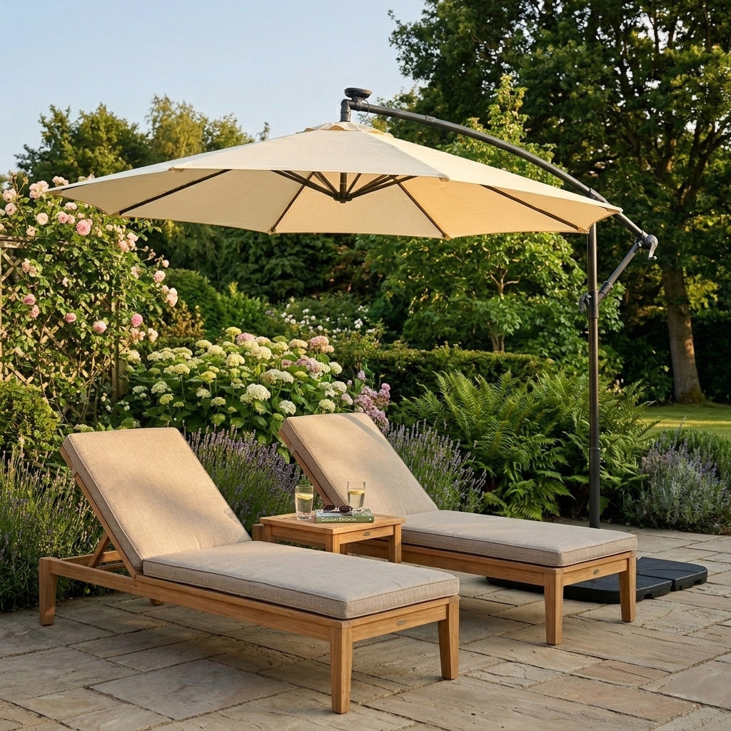 Ausleger-Sonnenschirm 3m mit Quadratischem Beschwerungsfuß – Creme