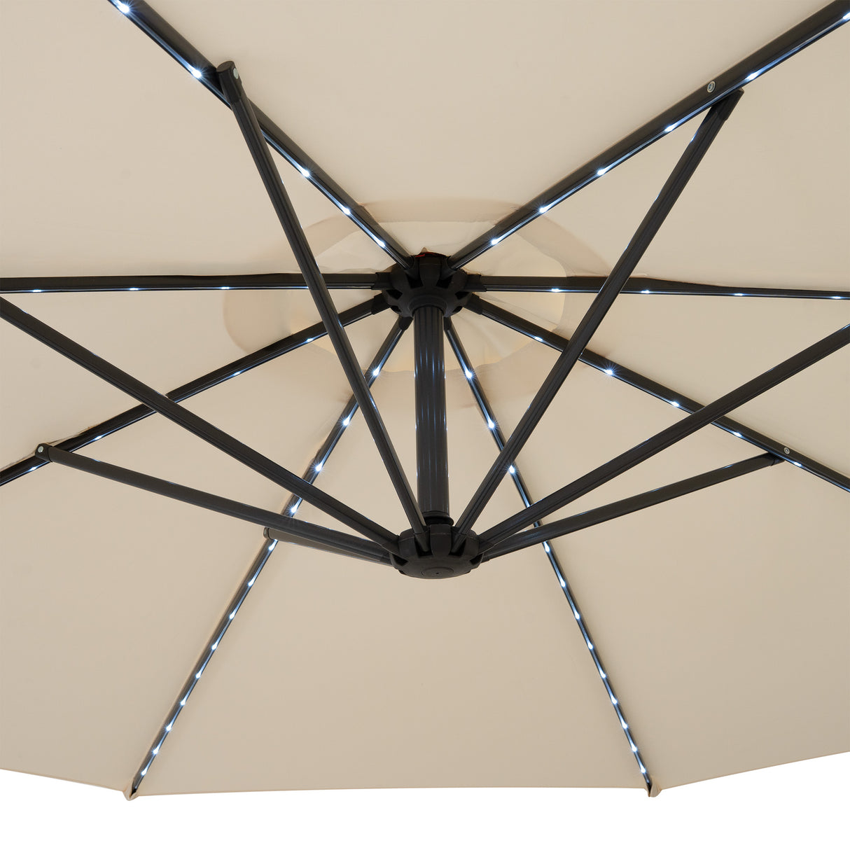 LED Ausleger-Sonnenschirm 3m mit Quadratischem Beschwerungsfuß – Creme