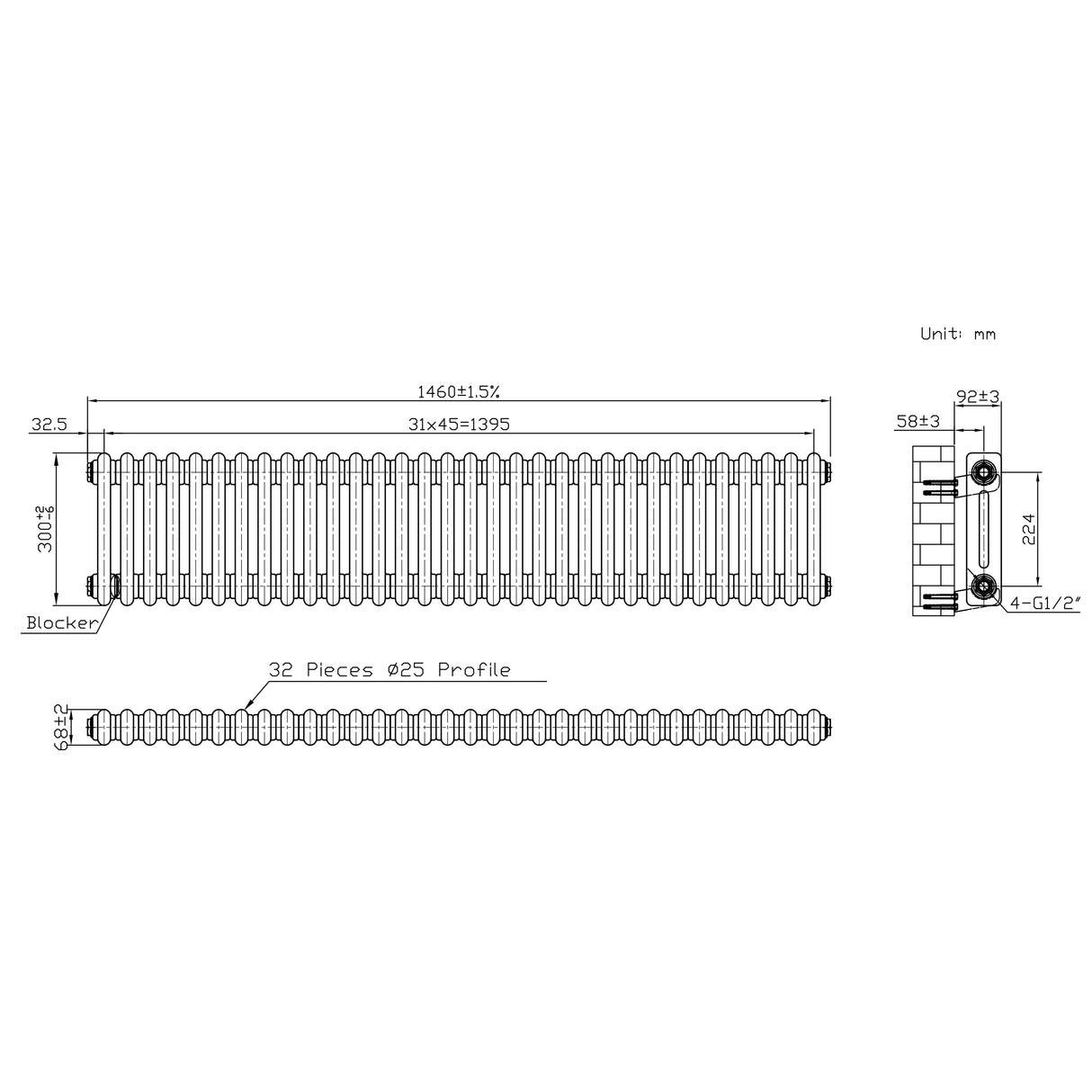 Klassischer 2-Säulen-Heizkörper mit TRV – 300 x 1460 mm - Rohmetall