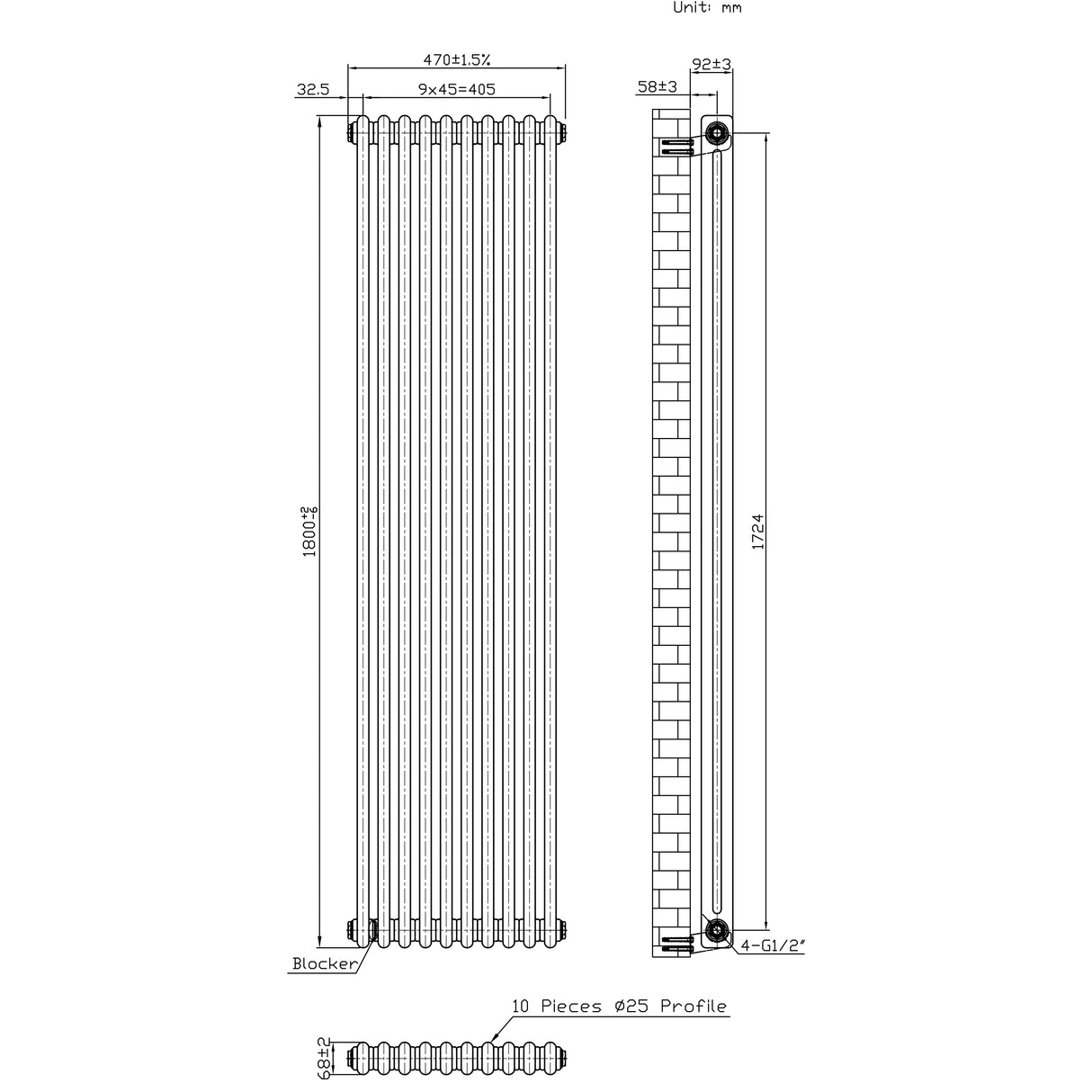 Klassischer 2-Säulen-Heizkörper mit TRV – 1800 x 470 mm - Rohmetall