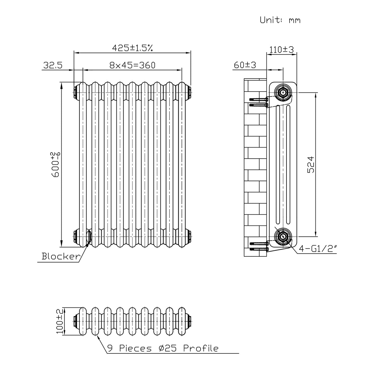 Klassischer 3-Säulen-Heizkörper mit TRV – 600 x 425 mm - Rohmetall