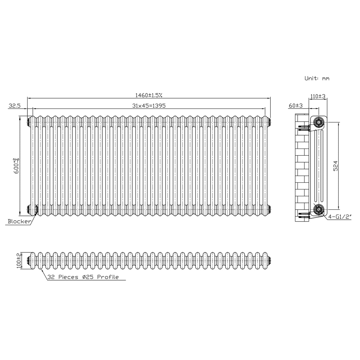 Klassischer 3-Säulen-Heizkörper mit TRV – 600 x 1460 mm - Rohmetall