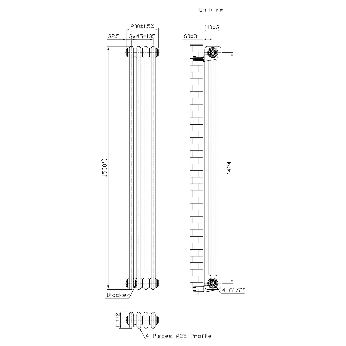 Klassischer 3-Säulen-Heizkörper mit TRV – 1500 x 200 mm - Rohmetall