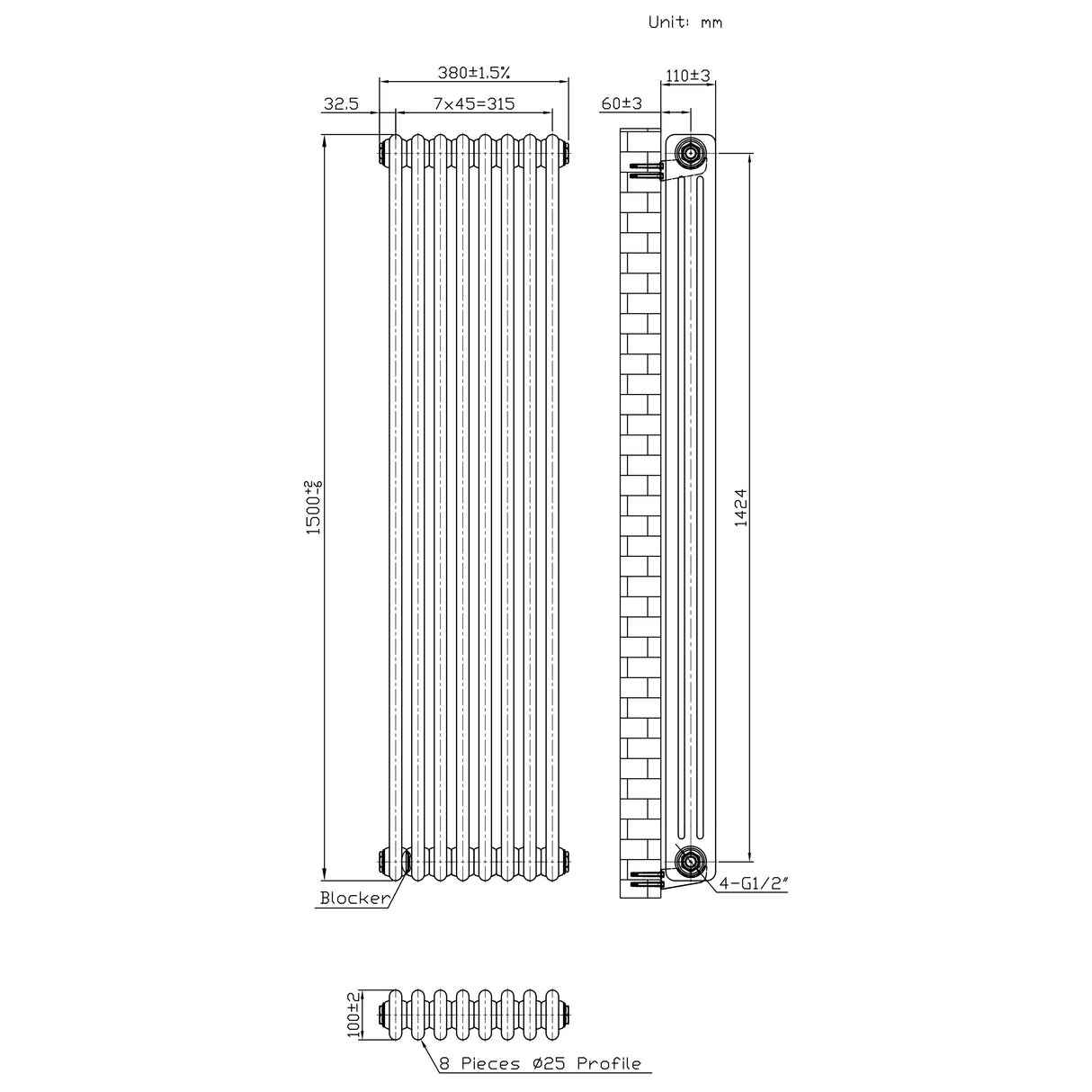 Klassischer 3-Säulen-Heizkörper mit TRV – 1500 x 380 mm - Rohmetall