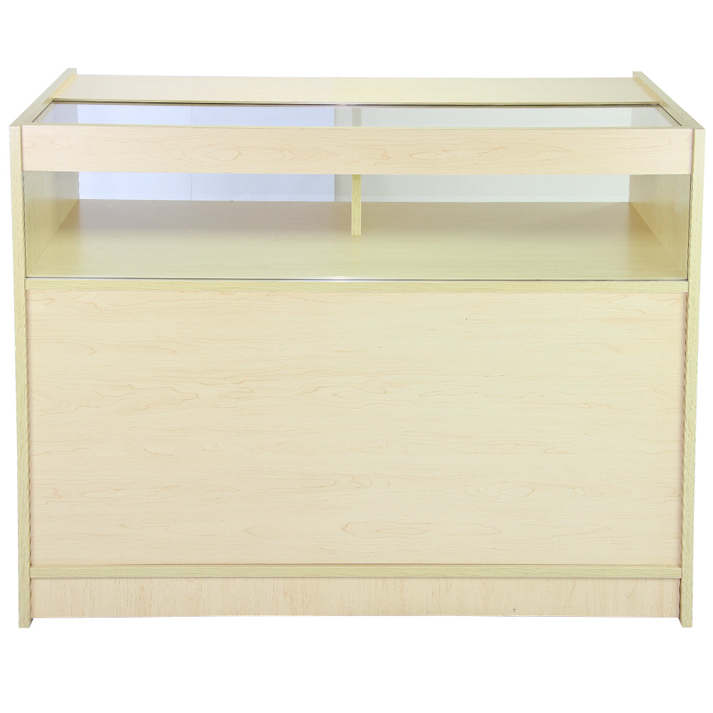 Holzfarbener Verkaufstresen mit Glasoberfläche, ideal für die Präsentation von Produkten, bietet eine glatte, moderne Oberfläche und großzügigen Stauraum