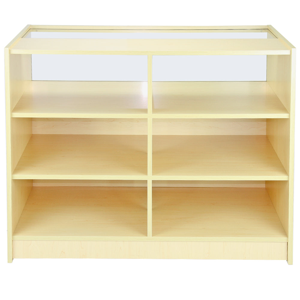 Holzregal in hellem Ahornfurnier mit sechs offenen Fächern, ideal für die Präsentation von Produkten oder als Stauraum in Geschäften