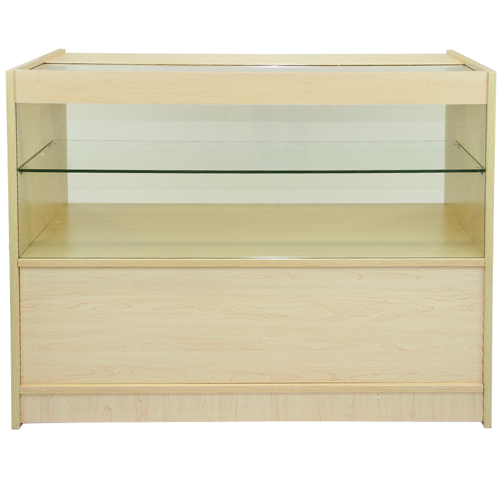 Holzfarbener Verkaufsstand mit Glasregalen, klaren Linien und glatter Oberfläche, ideal für die Präsentation von Produkten im Einzelhandel