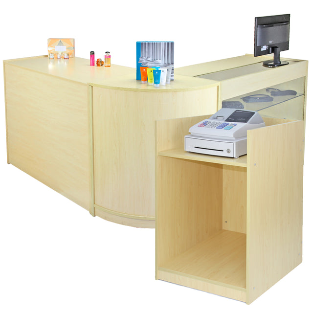Kometenzähler-Set aus hellem Holz mit abgerundeten Kanten, integriertem Monitor und Platz für Drucker, ideal für Empfangsbereiche und Büros