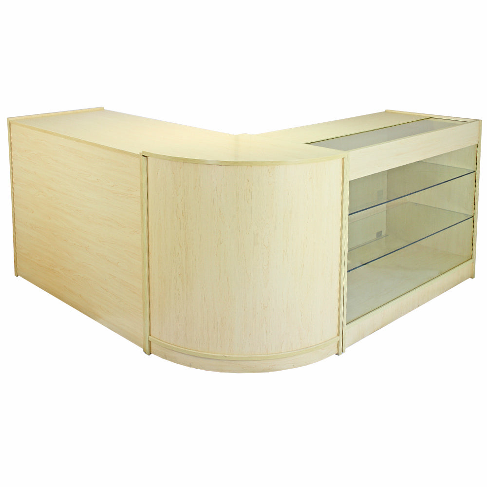Kometenzähler-Set in hellem Holz mit glatter Oberfläche, abgerundeten Kanten und gläsernen Regalen für eine elegante Präsentation von Produkten