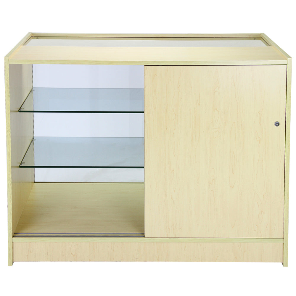 Kometenzähler-Set in hellem Holz mit gläsernen Regalen, einer Schiebetür und modernem Design, ideal für die Präsentation von Produkten