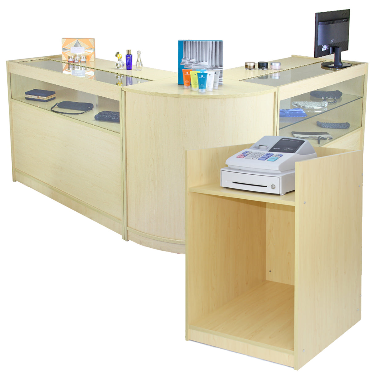 Eleganter Empfangstresen aus hellem Holz mit Glasoberfläche, ausgestattet mit Regalen für Produkte und einem Platz für einen Drucker oder Kassensystem