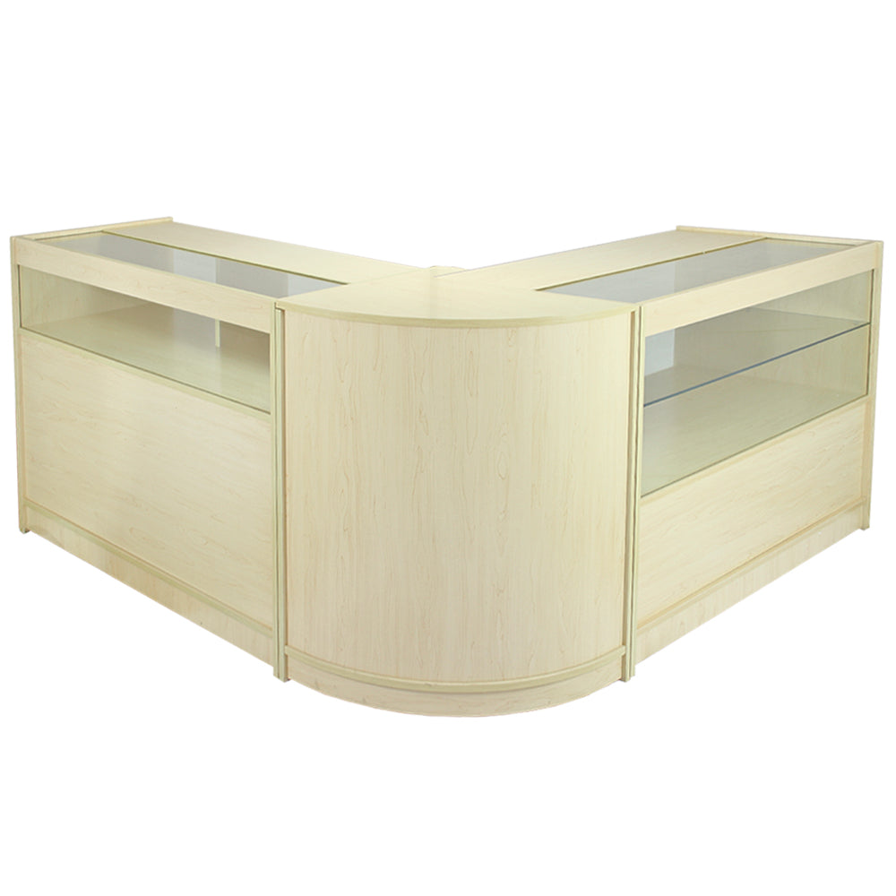 Kosmos-Zähler-Set in hellem Holz mit gläsernen Vitrinen, abgerundeten Kanten und modernem Design, ideal für Verkaufsräume und Ausstellungen