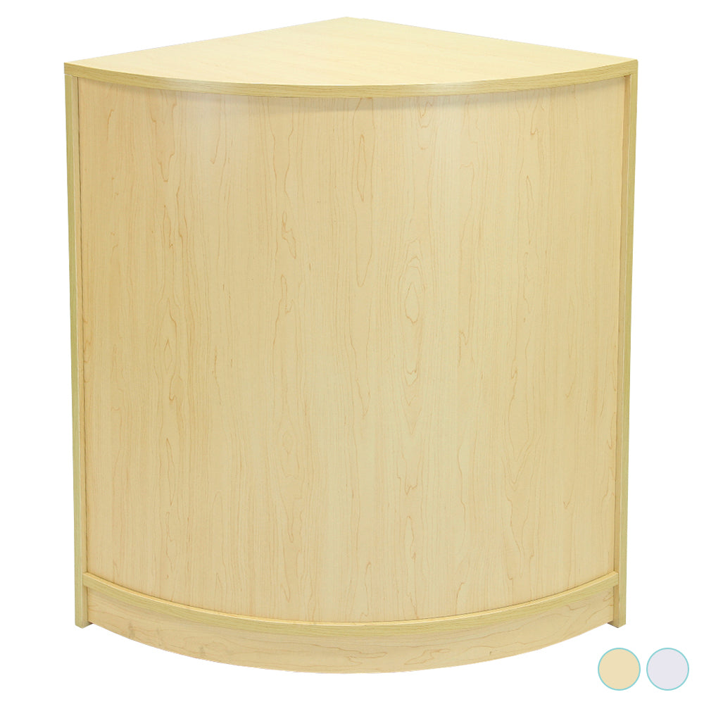 Ecktheke aus hellem Ahornholz mit glatter Oberfläche, abgerundeten Kanten und modernem, minimalistischen Design für Einzelhandelsgeschäfte
