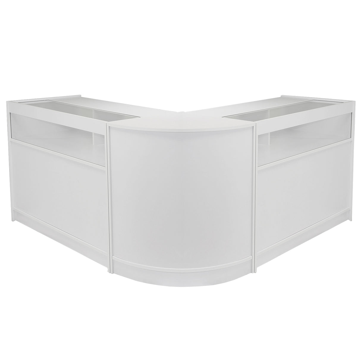 Elegantes, modernes Ladentheken- und Verkaufsdisplay-Set in strahlendem Weiß, mit glatten Oberflächen und klaren Linien für eine ansprechende Präsentation