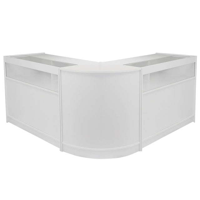 Elegantes, modernes Ladentheken- und Verkaufsdisplay-Set in strahlendem Weiß, mit glatten Oberflächen und klaren Linien für eine ansprechende Präsentation