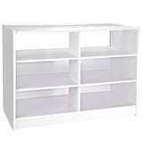 Weißes Ladentheken- und Verkaufsdisplay-Set mit mehreren offenen Regalen, glatter Oberfläche und modernem, minimalistischen Design, ideal für Verkaufsräume