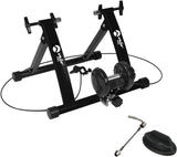 Schwarzer magnetischer Rollentrainer Velo Pro mit stabilen Ständern, Kabel und Zubehör, ideal für das Indoor-Training von Fahrrädern