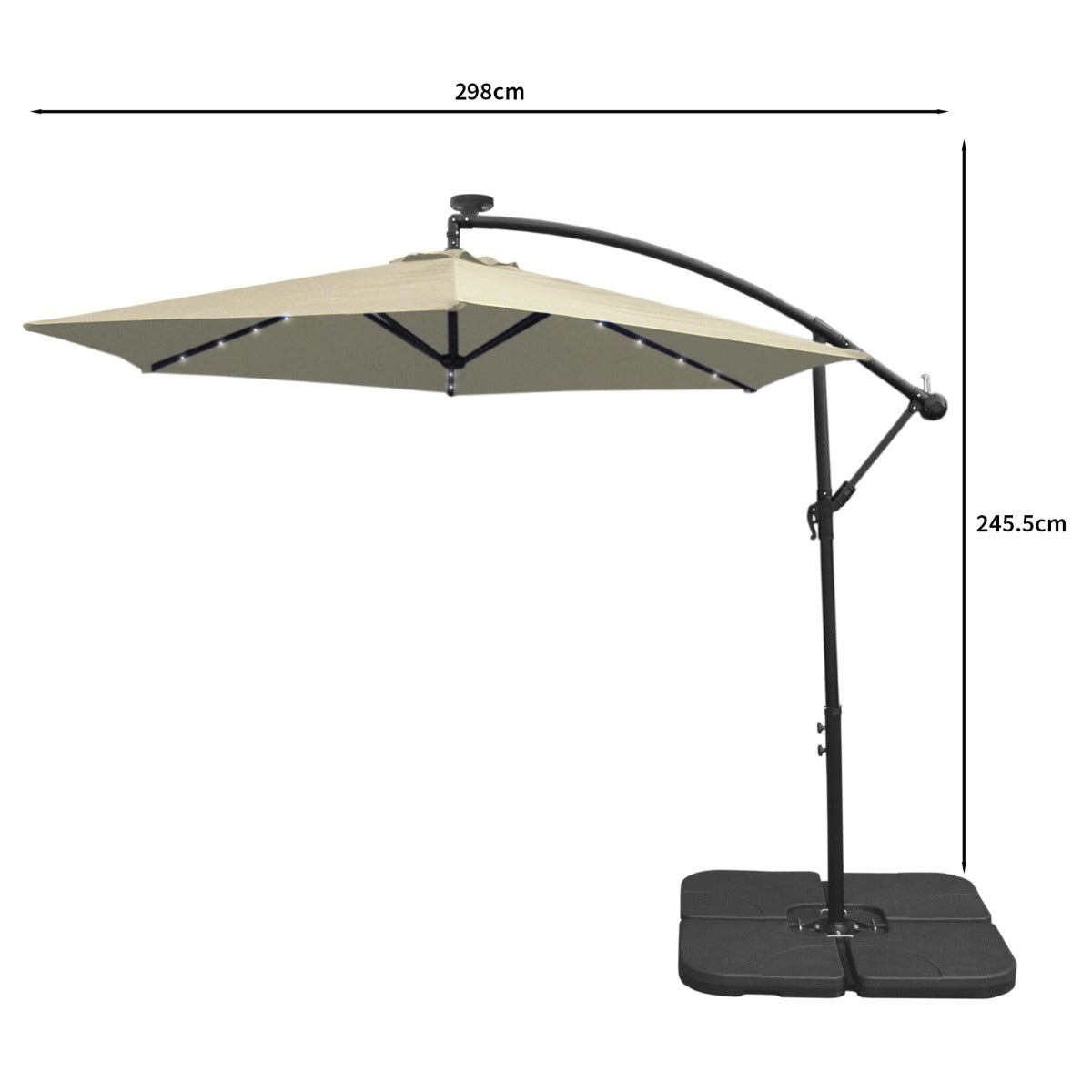 300cm LED Ampelschirm Sonnenschirm mit quadratischem Sockel - Creme