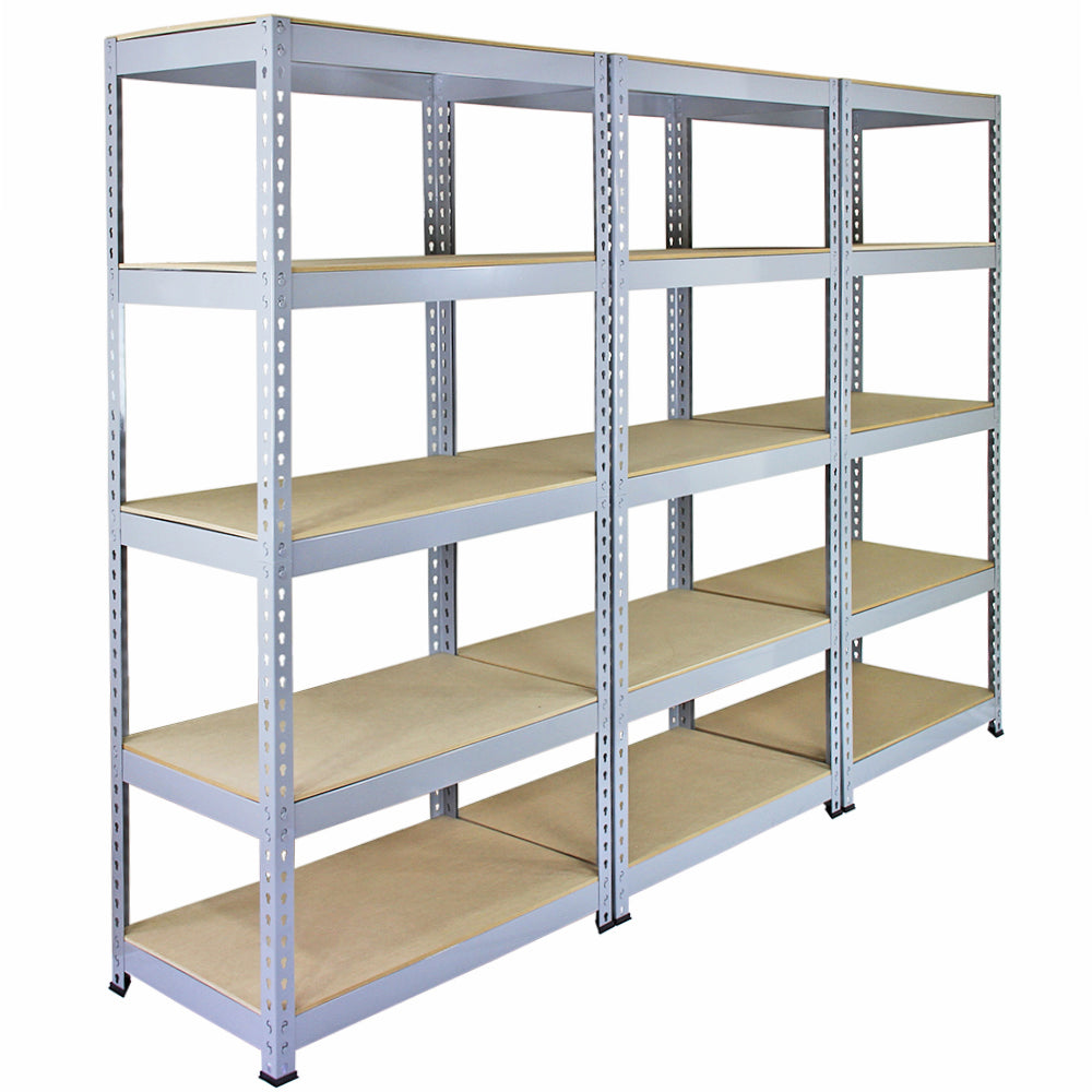 Drei graue Metallregaleinheiten mit 90 x 50 x 180 cm, stabiler Rahmen, mehrere offene Regalböden aus Holz, ideal für Lagerung und Organisation