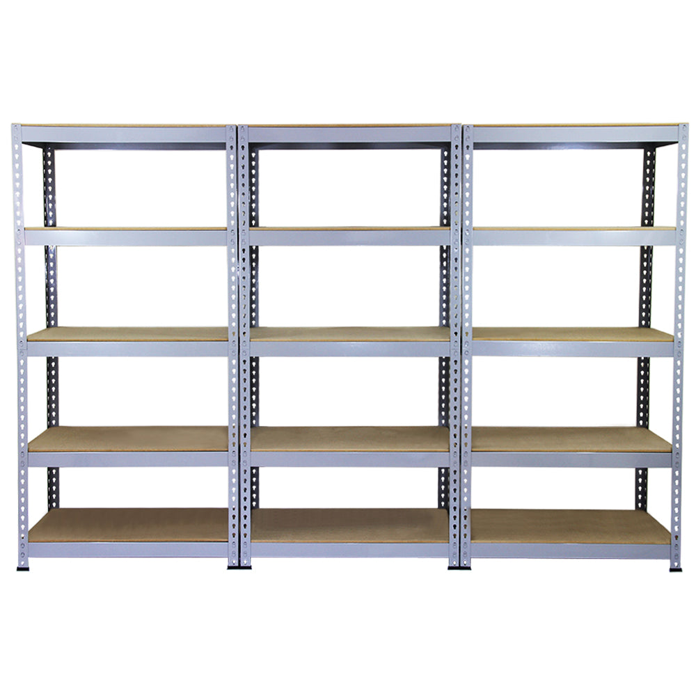 Graue Metallregaleinheiten mit stabilen, pulverbeschichteten Rahmen und robusten Holzregalen, ideal für Lagerung und Organisation in verschiedenen Räumen