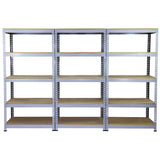 Graue Metallregaleinheiten mit stabilen, pulverbeschichteten Rahmen und robusten Holzregalen, ideal für Lagerung und Organisation in verschiedenen Räumen