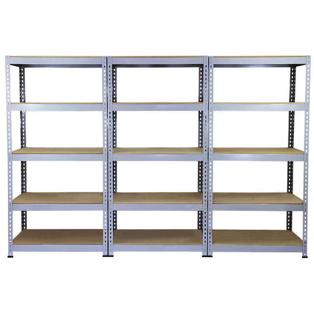 Graue Metallregaleinheiten mit stabilen, pulverbeschichteten Rahmen und robusten Holzregalen, ideal für Lagerung und Organisation in verschiedenen Räumen
