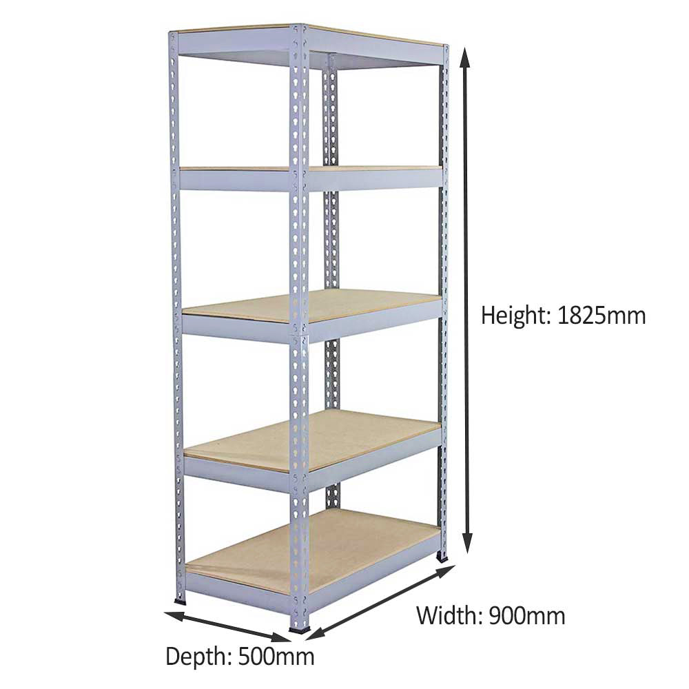 Graue Metallregaleinheit mit fünf stabilen Regalböden, Maße 90 x 50 x 180 cm, ideal für Lagerung und Organisation in Werkstätten oder Garagen