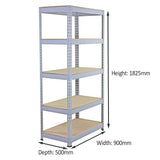 Graue Metallregaleinheit mit fünf stabilen Regalböden, Maße 90 x 50 x 180 cm, ideal für Lagerung und Organisation in Werkstätten oder Garagen