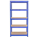 Blaue Metallregaleinheit mit fünf stabilen, hellbraunen Holzregalen, ideal für Werkstätten oder Lagerräume, robust und funktional