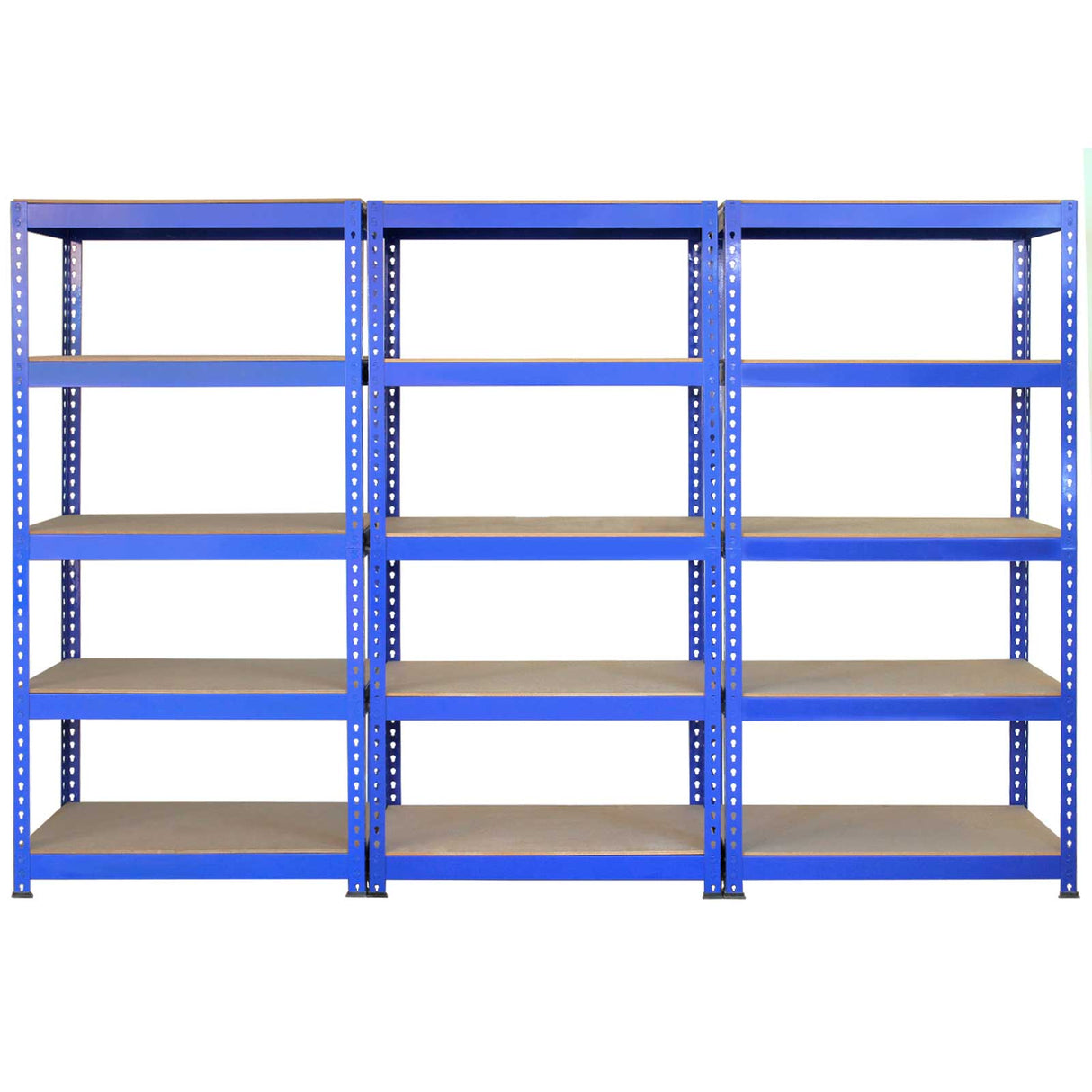 Drei blaue Metallregaleinheiten mit Holzregalen, stabil und geräumig, ideal für Werkstätten oder Lagerräume, bieten viel Stauraum und eine robuste Struktur