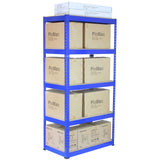 Blaue Metallregaleinheit mit fünf Regalböden, beladen mit Kartons, ideal für Werkstätten oder Lager, stabil und robust, 90 cm hoch