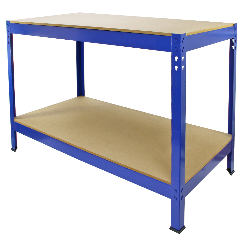 Blaue Metallregaleinheit mit zwei stabilen Ablagen aus MDF, ideal für Werkstätten oder Lager, bietet viel Stauraum und robusten Einsatz