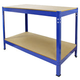 Blaue Metallregaleinheit mit zwei stabilen Ablagen aus MDF, ideal für Werkstätten oder Lager, bietet viel Stauraum und robusten Einsatz
