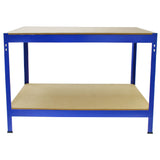 Blaue Metallregaleinheit mit zwei stabilen Ablagen aus Holz, ideal für Werkstätten oder Lager, robust und funktional, Maße 90 cm x 90 cm