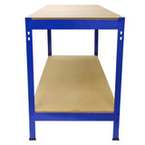 Blaue Metallregaleinheit mit zwei stabilen Regalböden aus MDF, ideal für Werkstätten oder Lagerräume, robust und funktional