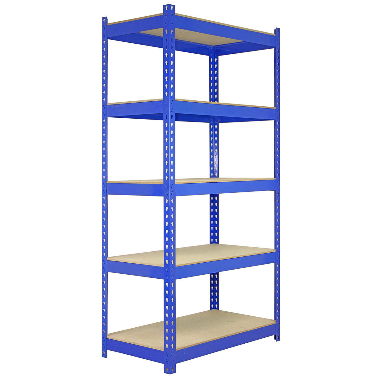 Blaue Metallregale mit fünf stabilen Regalböden, ideal für Lagerung und Organisation, Maße 90 x 50 x 180 cm, robust und langlebig