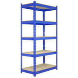 Blaue Metallregale mit fünf stabilen Regalböden, ideal für Lagerung und Organisation, Maße 90 x 50 x 180 cm, robust und langlebig