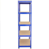 Blaue Metallregale mit fünf stabilen Regalböden aus Holz, ideal für Lagerung und Organisation, Maße 90 x 50 x 180 cm, robust und langlebig