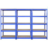 Drei blaue Metallregale mit einer Größe von 90 x 50 x 180 cm, stabil und robust, ideal für Lagerung und Organisation, mit mehreren Ablageflächen