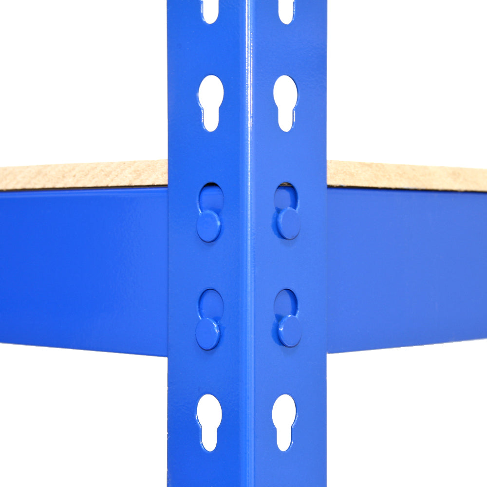Blaue Metallregale mit robusten, pulverbeschichteten Oberflächen und stabilen Regalböden aus Holz, ideal für Lagerung und Organisation