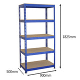 Blaue Metallregale mit fünf stabilen Regalböden, Maße 90 x 50 x 180 cm, ideal für Lagerung und Organisation in Werkstätten oder Garagen