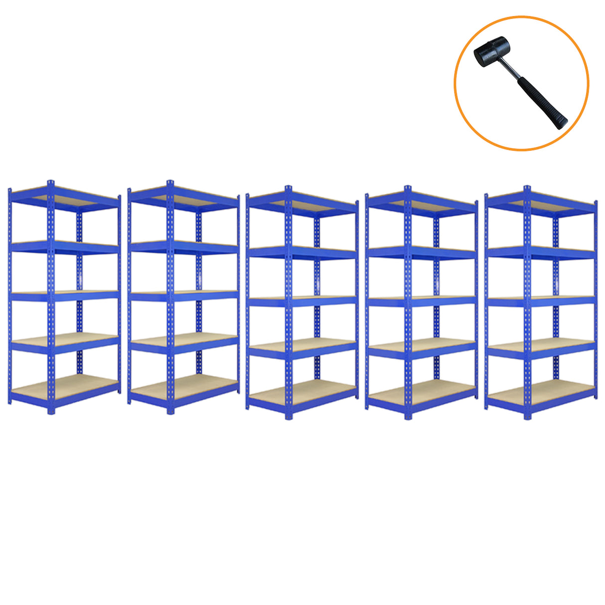 Blaue Metallregaleinheiten mit drei 90 cm und zwei 120 cm Regalen, stabil und funktional, ideal für Lagerung und Organisation in jedem Raum