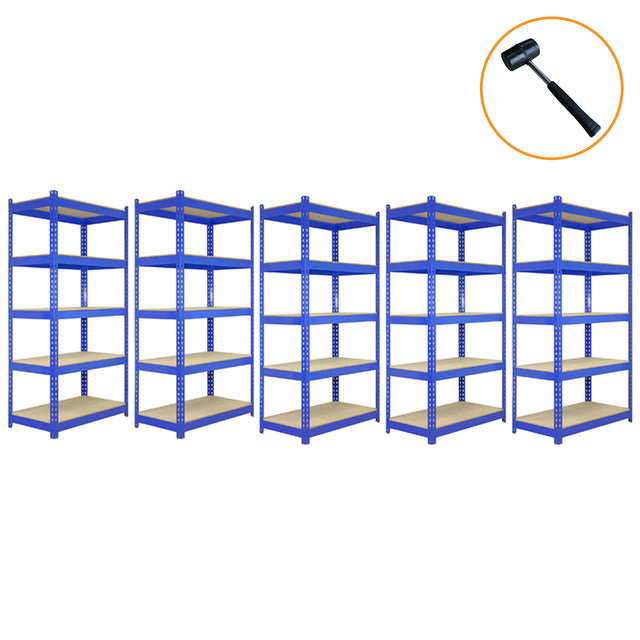Blaue Metallregaleinheiten mit drei 90 cm und zwei 120 cm Regalen, stabil und funktional, ideal für Lagerung und Organisation in jedem Raum